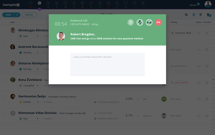 Teamgate crm UI displaying Twilio SmartDialer feature