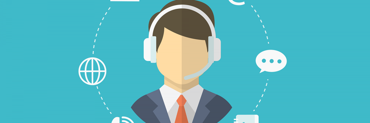 sales person with headset on surrounded by communication methods.