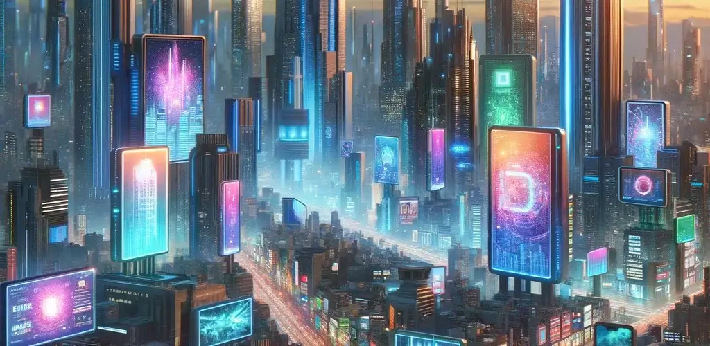 Futuristic-city-skyline-at-dusk-featuring-diverse-digital-billboards-and-holographic-ads.-The-skyline-is-bathed-in-vibrant-colors-showcasing-an-arra