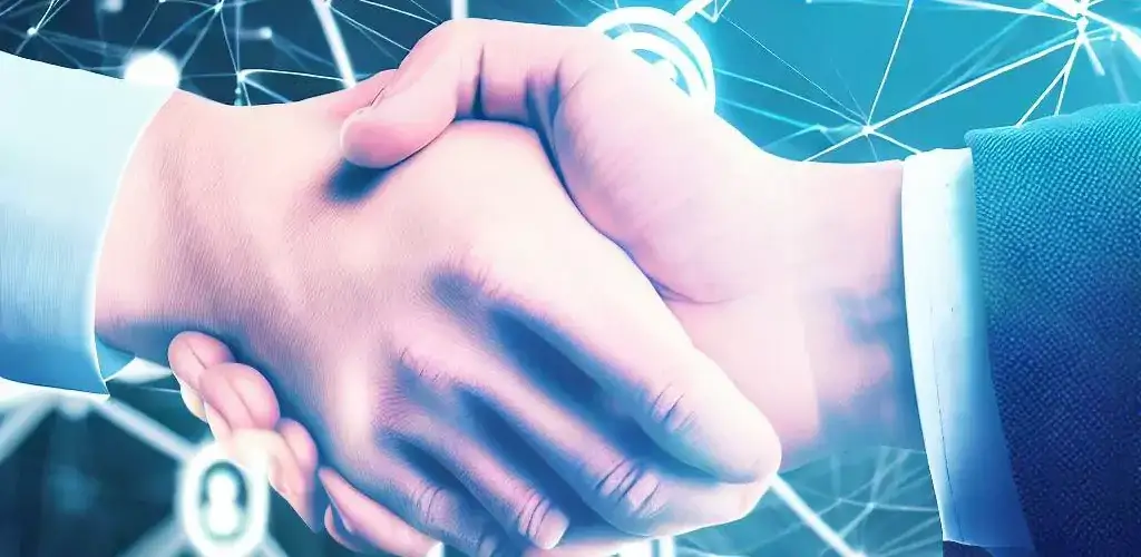 Digital handshake symbolizing CRM onboarding with a background of interconnected networks and data streams