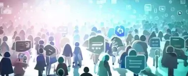 a crowd surrounded by social media icons