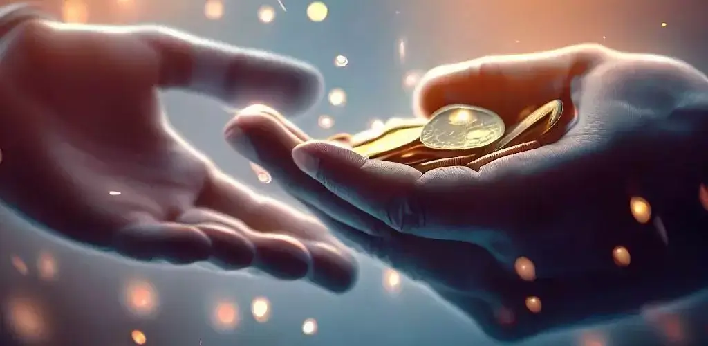two hands exchanging coins.