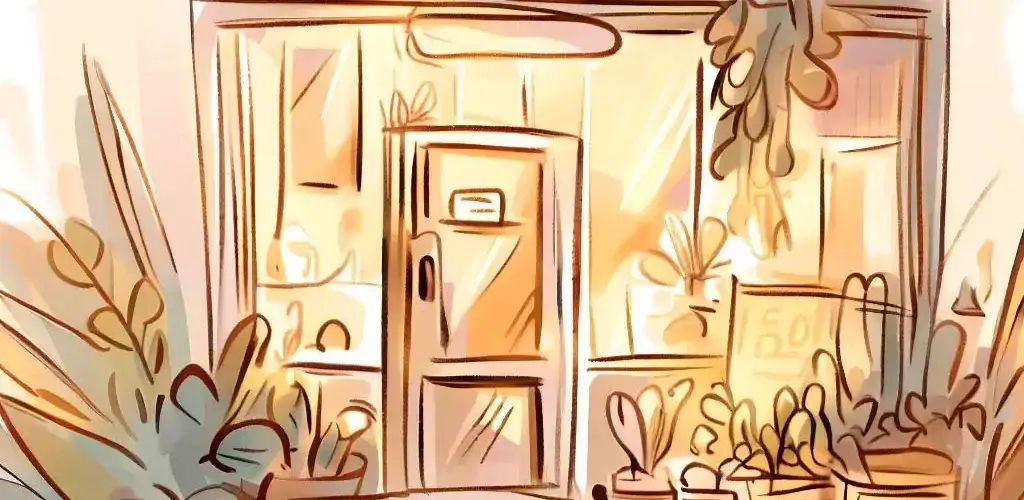 Doodle of a small business storefront, plants outside, golden hour lighting, serene and welcoming mood, soft pastel palette.