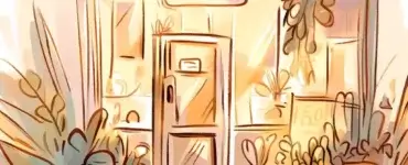 Doodle of a small business storefront, plants outside, golden hour lighting, serene and welcoming mood, soft pastel palette.