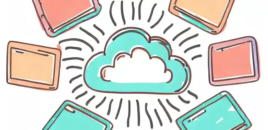 Doodle, Hand-drawn laptops arranged in a circle with beams connecting them, in the center, a floating cloud symbolizing SaaS, playful and colorful, pastel shades with a focus on teal and peach, energetic.