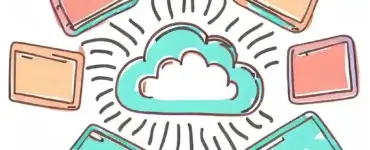 Doodle, Hand-drawn laptops arranged in a circle with beams connecting them, in the center, a floating cloud symbolizing SaaS, playful and colorful, pastel shades with a focus on teal and peach, energetic.
