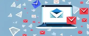 AI generated image displaying a laptop with an email logo. Multiple mail envelopes flying around the picture.