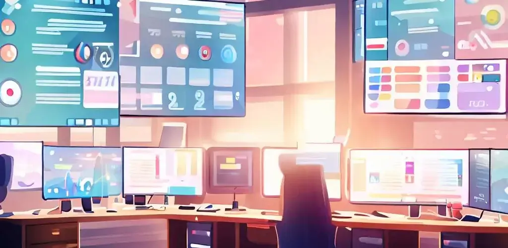 illustration of a modern office, with multiple computers showcasing different CRM interfaces such as analytics, dialling, emailing, under soft ambient lighting