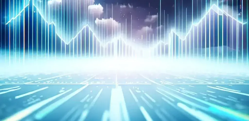 Digital Landscape with Sales Graphs Subject: Digital landscape, sales graphs Medium: Illustration Environment: Virtual space, cloud backdrop Lighting: Neon, ambient Color: Vibrant, blue and white Mood: Energetic Composition: Wide view, horizon focus