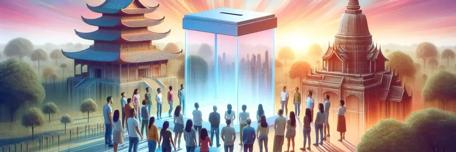 Photo of a vibrant, digital landscape featuring a diverse group of individuals of different genders and ethnicities united around a large, transparent donation box. The scene includes a blend of traditional and modern architectural structures, symbolizing a unity of past and future. The sky transitions beautifully from the soft pinks and oranges of dawn to the bright blue of daylight, creating a dynamic and hopeful atmosphere.