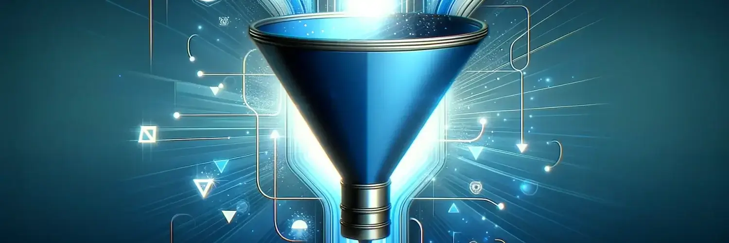 Sleek digital sales funnel, modern, blue and white color scheme, abstract shapes converging into a point, vibrant