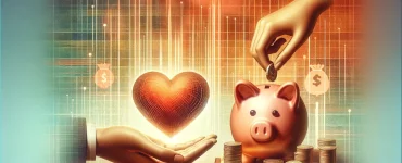 a hand holding a love heart whilst another puts a coin into a piggy bank
