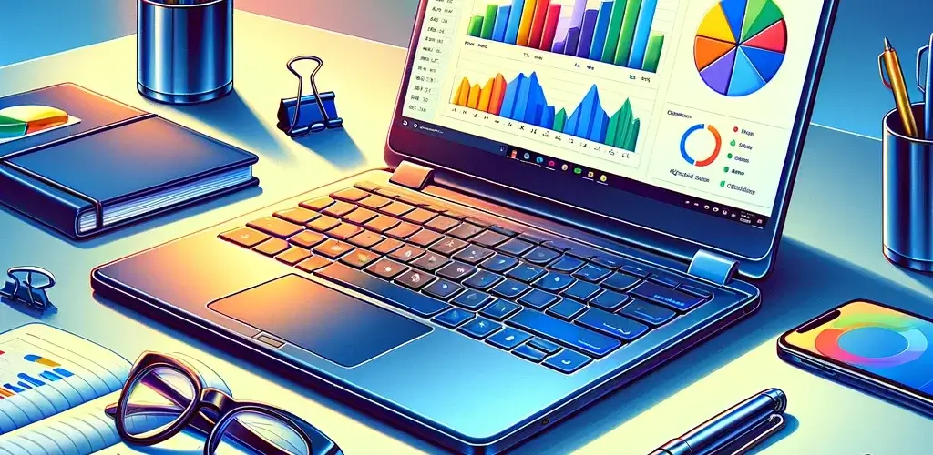 Illustration of a laptop displaying charts and graphs within google sheets, surrounded by small business tools, bright and professional ambiance