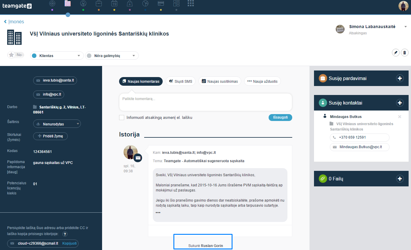 Kaip peržiūrėti, kas sukūrė Įmonę arba Kontaktą?