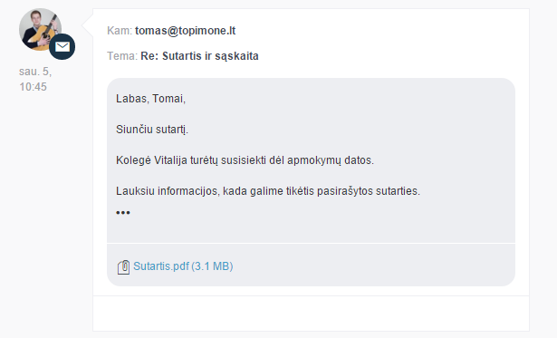 Kaip prisegti el. laiško kopiją prie Šalto kontakto kortelės?